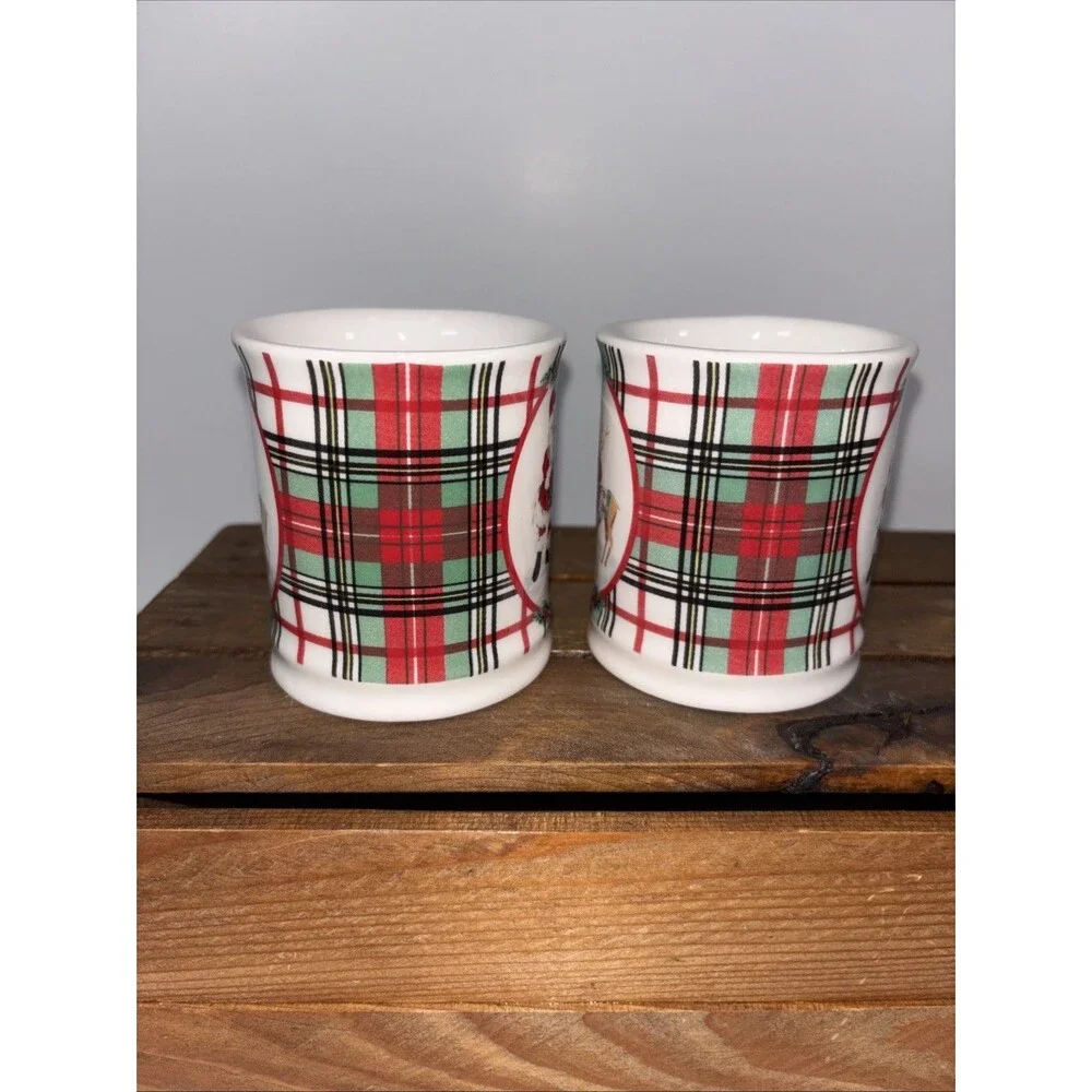 Sur La Table Santa Reindeer Green & Red Plaid Christmas 5 oz Mini Mugs Set of 2